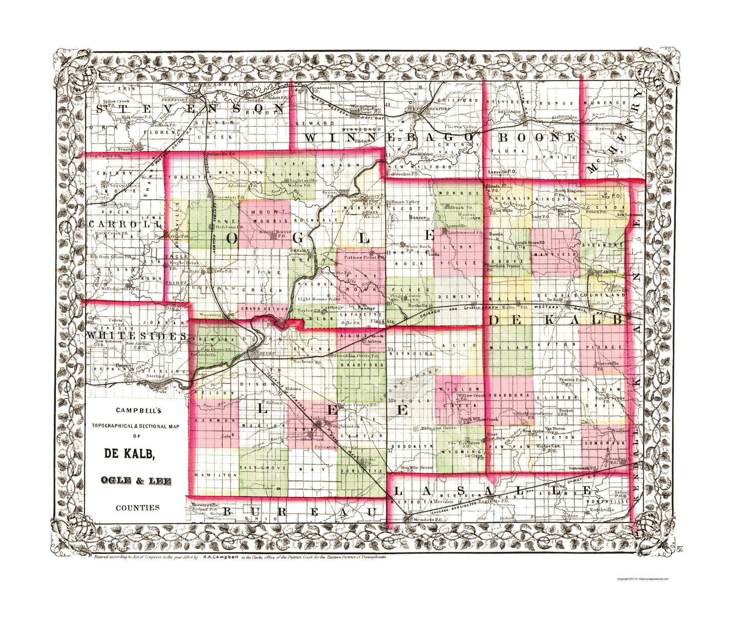 Historic County Map - De Kalb Ogle Lee Counties Illinois - Campbell 1870 - 23 x 27.44 - Vintage Wall Art