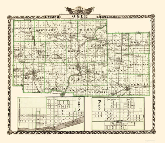 Historic County Map - Ogle County Illinois  - Warner 1870 - 23 x 26.48 - Vintage Wall Art