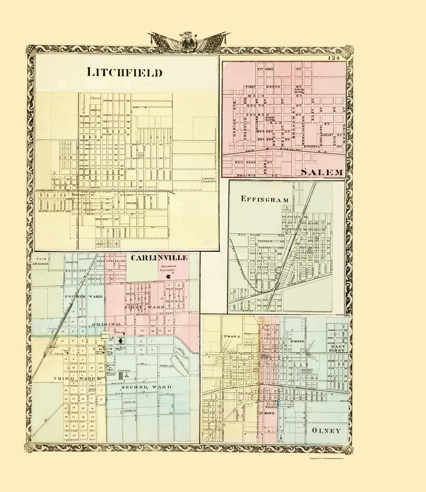 Historic City Map - Litchfield Salem Effingham Carlinville Olney Illinois - Union 23x26 - Vintage Wall Art