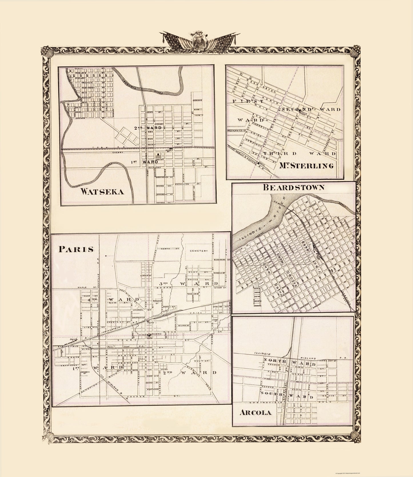 Historic City Map - Watseka Mt Sterling Beardstown Arcola Paris Illinois - Warner 1876 - 23x26 - Vintage Wall Art