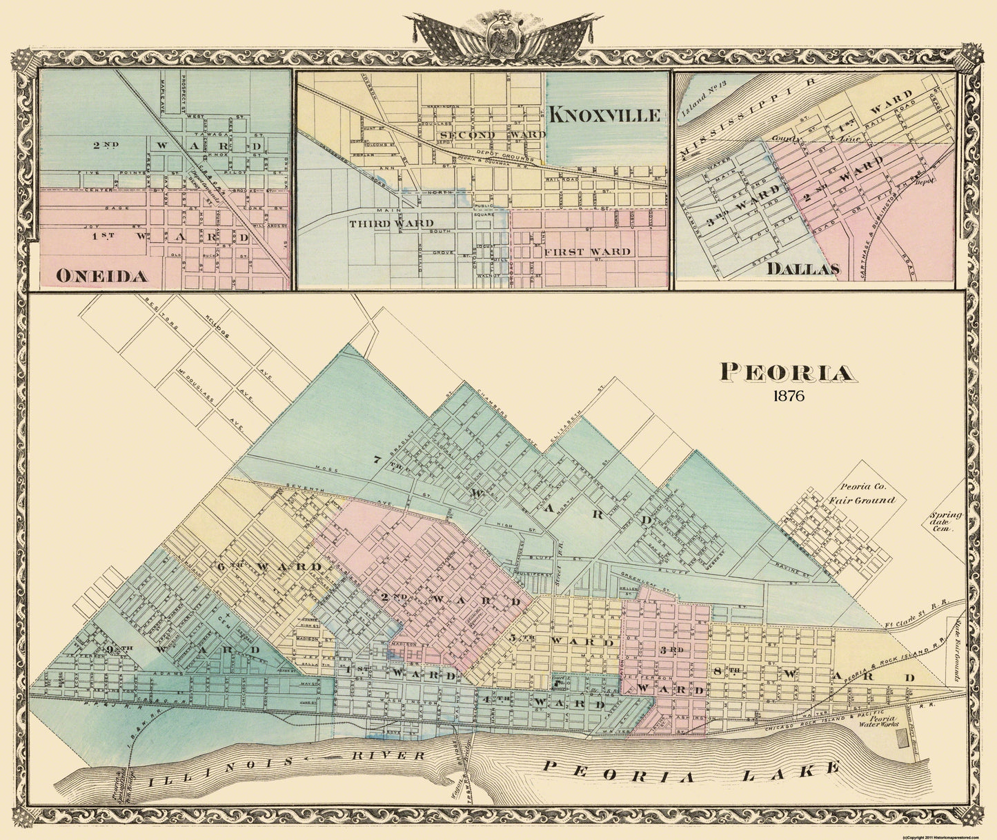 Historic City Map - Peoria Oneida Knoxville Dallas Illinois - Warner 1876 - 27.25 x 23 - Vintage Wall Art