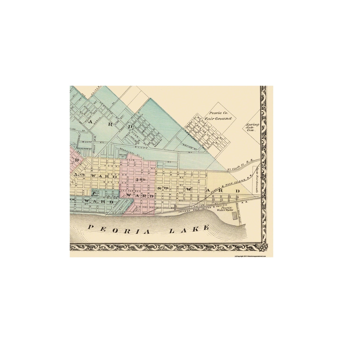 Historic City Map - Peoria Oneida Knoxville Dallas Illinois - Warner 1876 - 27.25 x 23 - Vintage Wall Art