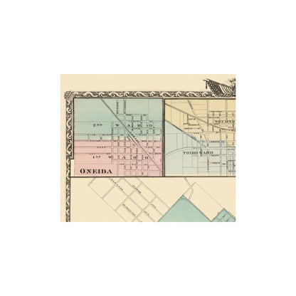 Historic City Map - Peoria Oneida Knoxville Dallas Illinois - Warner 1876 - 27.25 x 23 - Vintage Wall Art