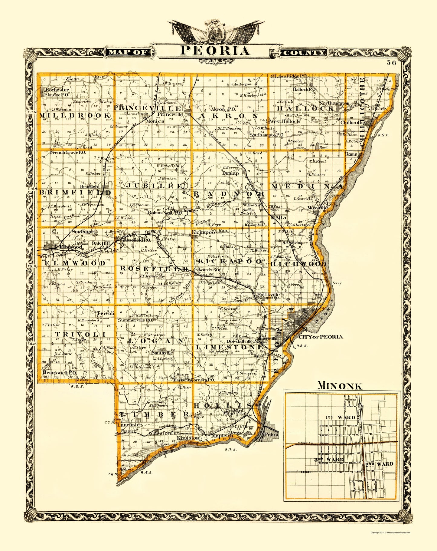 Historic County Map - Peoria County Illinois  - Warner 1876 - 23 x 28.96 - Vintage Wall Art