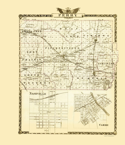 Historic County Map - Perry County Illinois  - Warner 1876 - 23 x 26.66 - Vintage Wall Art