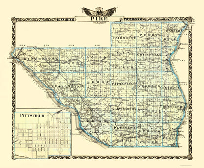 Historic County Map - Pike County Illinois  - Warner 1870 - 23 x 27.94 - Vintage Wall Art