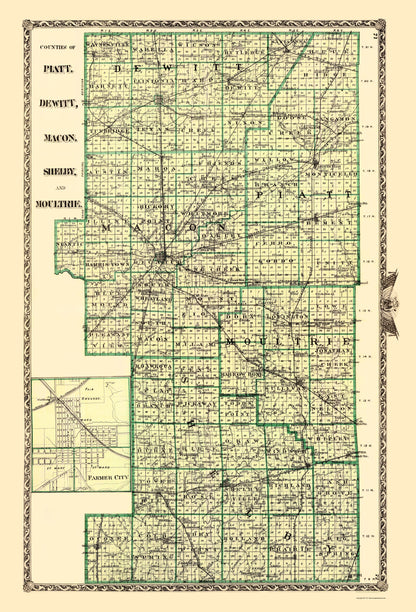 Historic County Map - Piatt Dewitt Macon Shelby Moultrie Counties Illinois - Warner 1870 - 23 x 33 - Vintage Wall Art