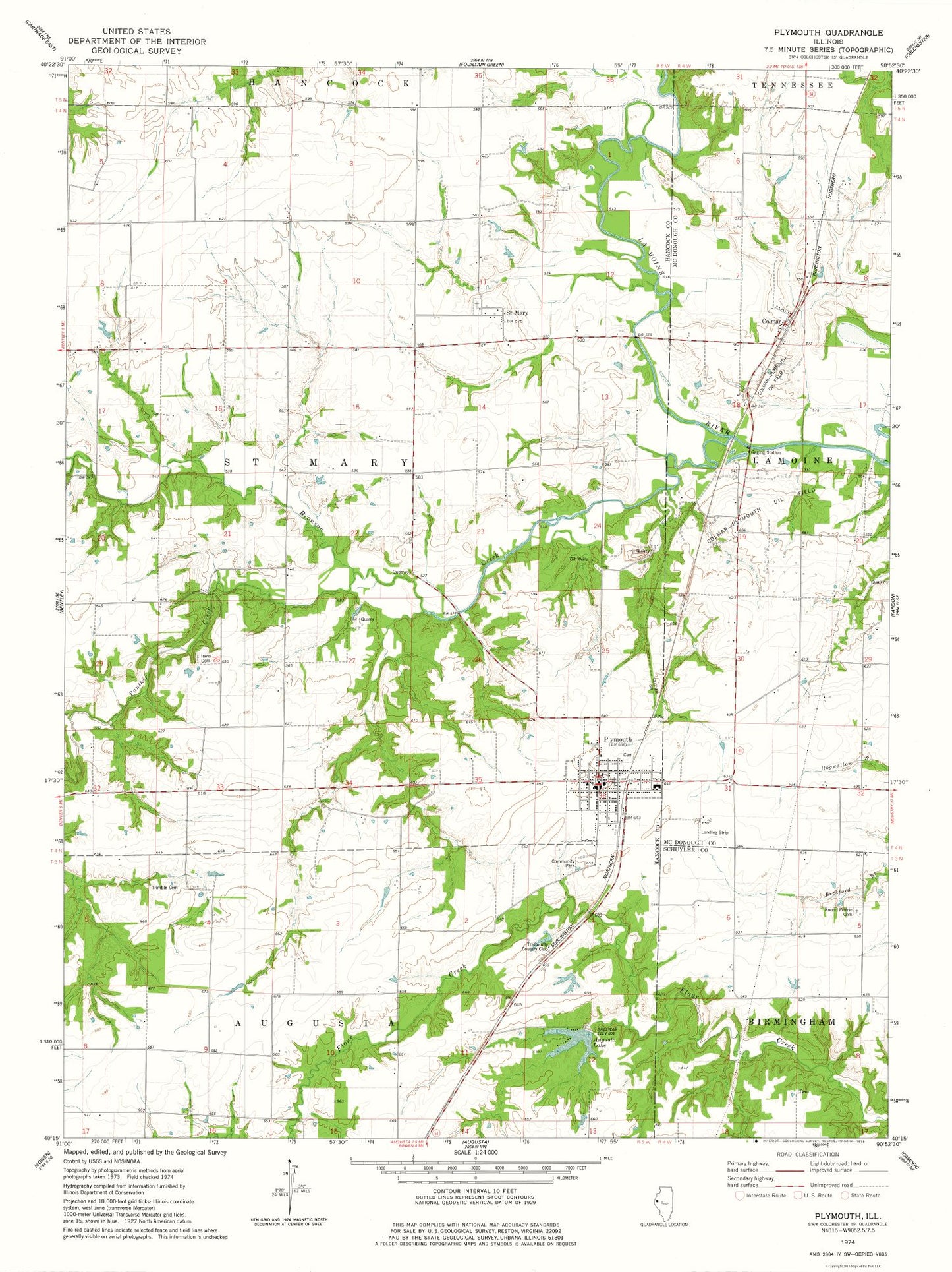 Topographical Map - Plymouth Illinois Quad - USGS 1974 - 23 x 30.71 - Vintage Wall Art