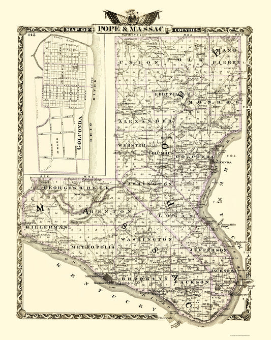 Historic County Map - Pope Massac Counties Illinois - Warner 1870 - 23 x 28.85 - Vintage Wall Art