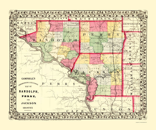 Historic County Map - Randolph Perry Jackson Counties Illinois - Campbell 1870 - 23 x 27.66 - Vintage Wall Art