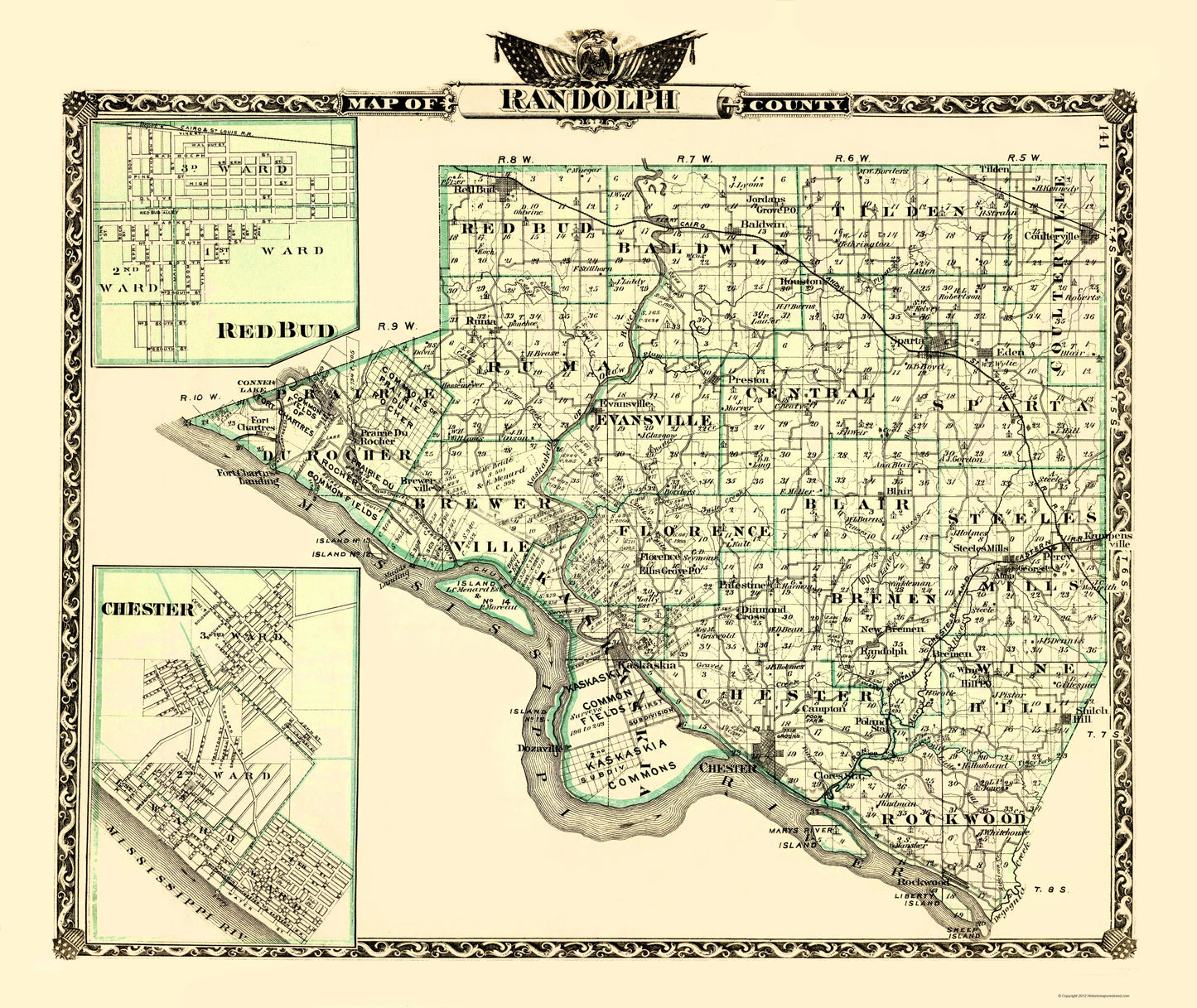 Historic County Map - Randolph County Illinois  - Warner 1870 - 23 x 27.30 - Vintage Wall Art