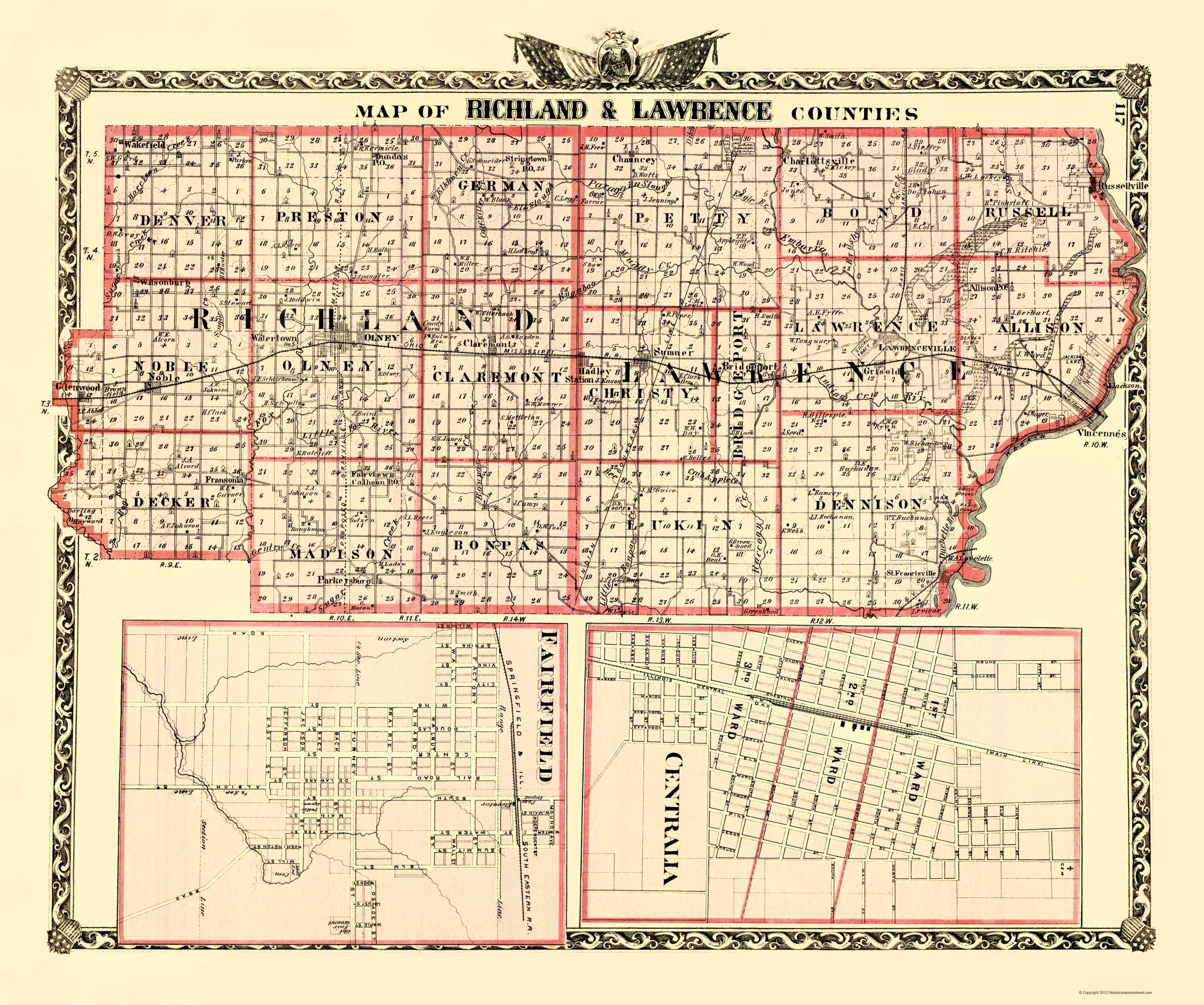 Historic County Map - Richland Lawrence Counties Illinois - Warner 187 ...