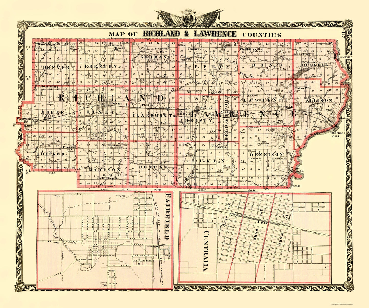 Historic County Map - Richland Lawrence Counties Illinois - Warner 1870 - 23 x 27.54 - Vintage Wall Art