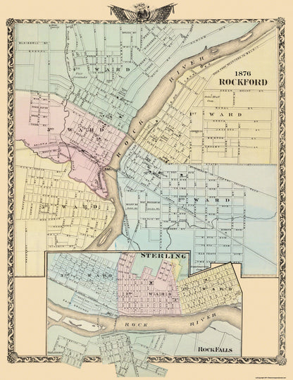 Historic City Map - Rockford Sterling Rock Falls Illinois - Warner 1876 - 23 x 29.75 - Vintage Wall Art