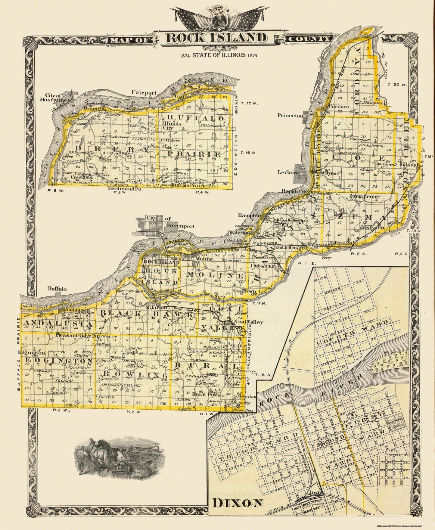 Historic County Map - Rock Island County Illinois  - Warner 1874 - 23 x 28.06 - Vintage Wall Art