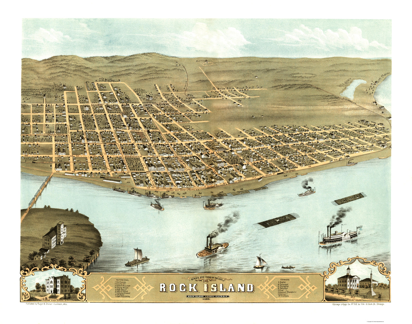 Historic Panoramic View - Rock Island Illinois - Ruger 1869 - 23 x 29.24 - Vintage Wall Art