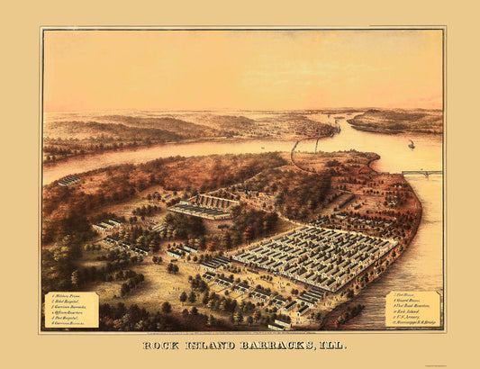 Historic Panoramic View - Rock Island Barracks Illinois - Speidel 1864 - 23 x 29.88 - Vintage Wall Art