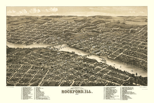 Historic Panoramic View - Rockford Illinois - Beck 1880 - 23 x 34.53 - Vintage Wall Art