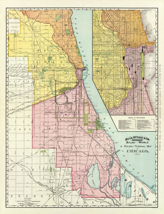 Railroad Map - Chicago Illinois Railway Terminal - 1892 - 23 x 30 - Vintage Wall Art