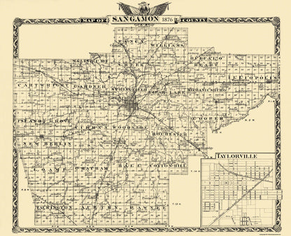 Historic County Map - Sangamon County Illinois  - Warner 1876 - 28.44 x 23 - Vintage Wall Art