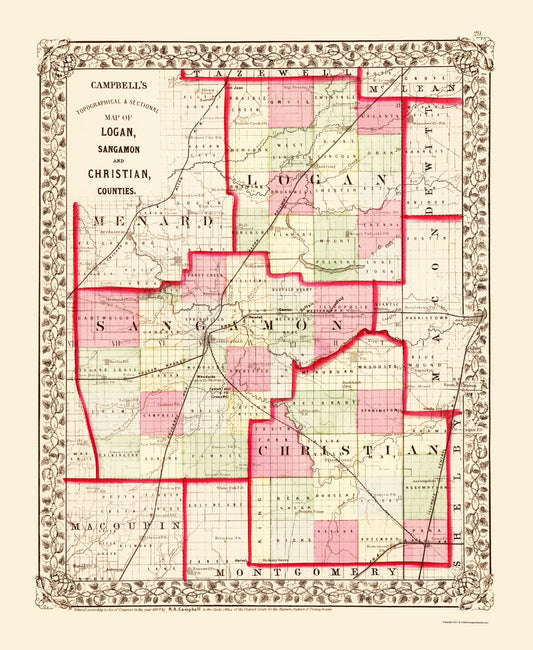 Historic County Map - Sangamon Logan Christian Counties Illinois - Campbell 1870 - 23 x 28.05 - Vintage Wall Art