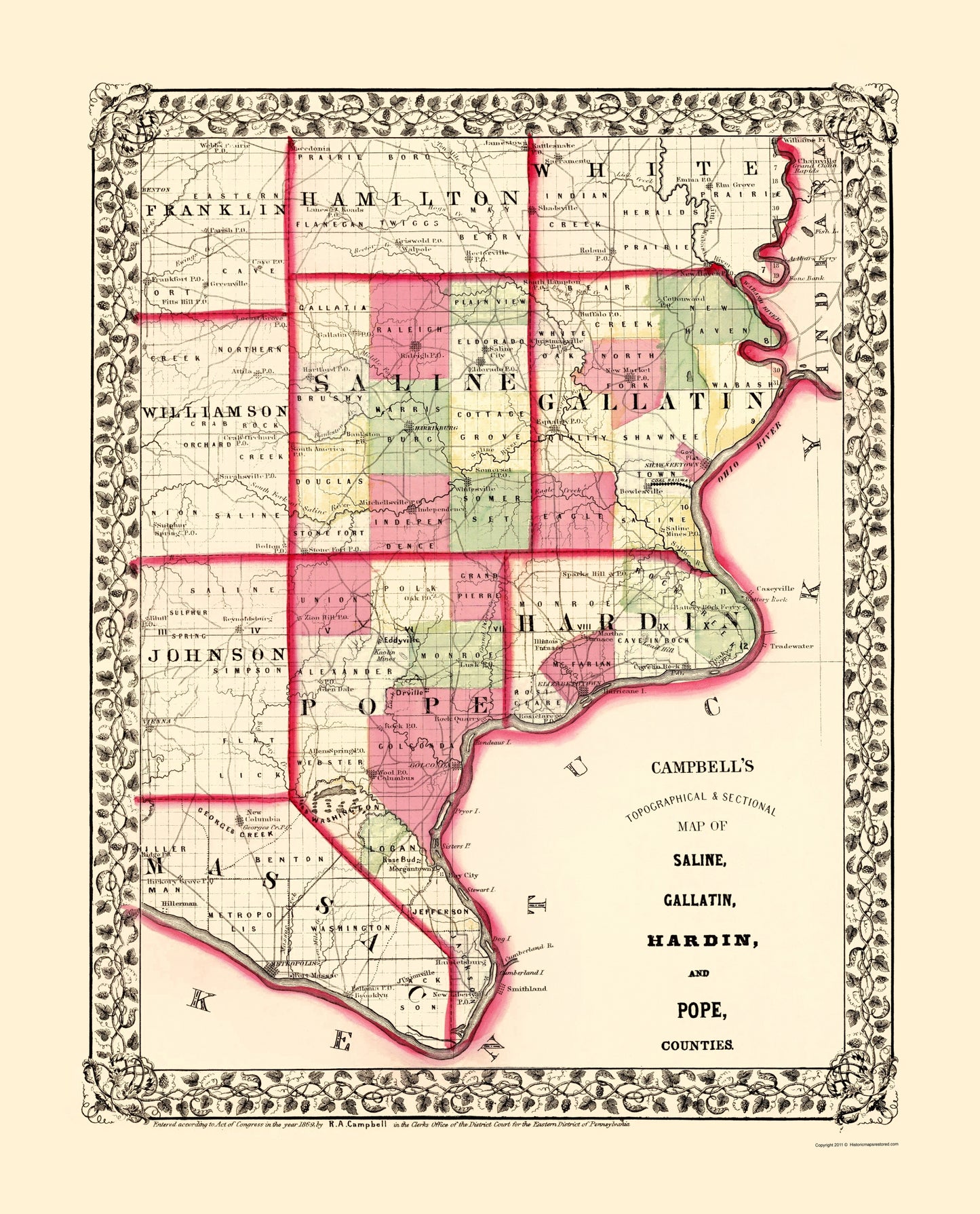 Historic County Map - Saline Gallatin Pope Hardin Counties Illinois - Campbell 1870 - 23 x 28.47 - Vintage Wall Art