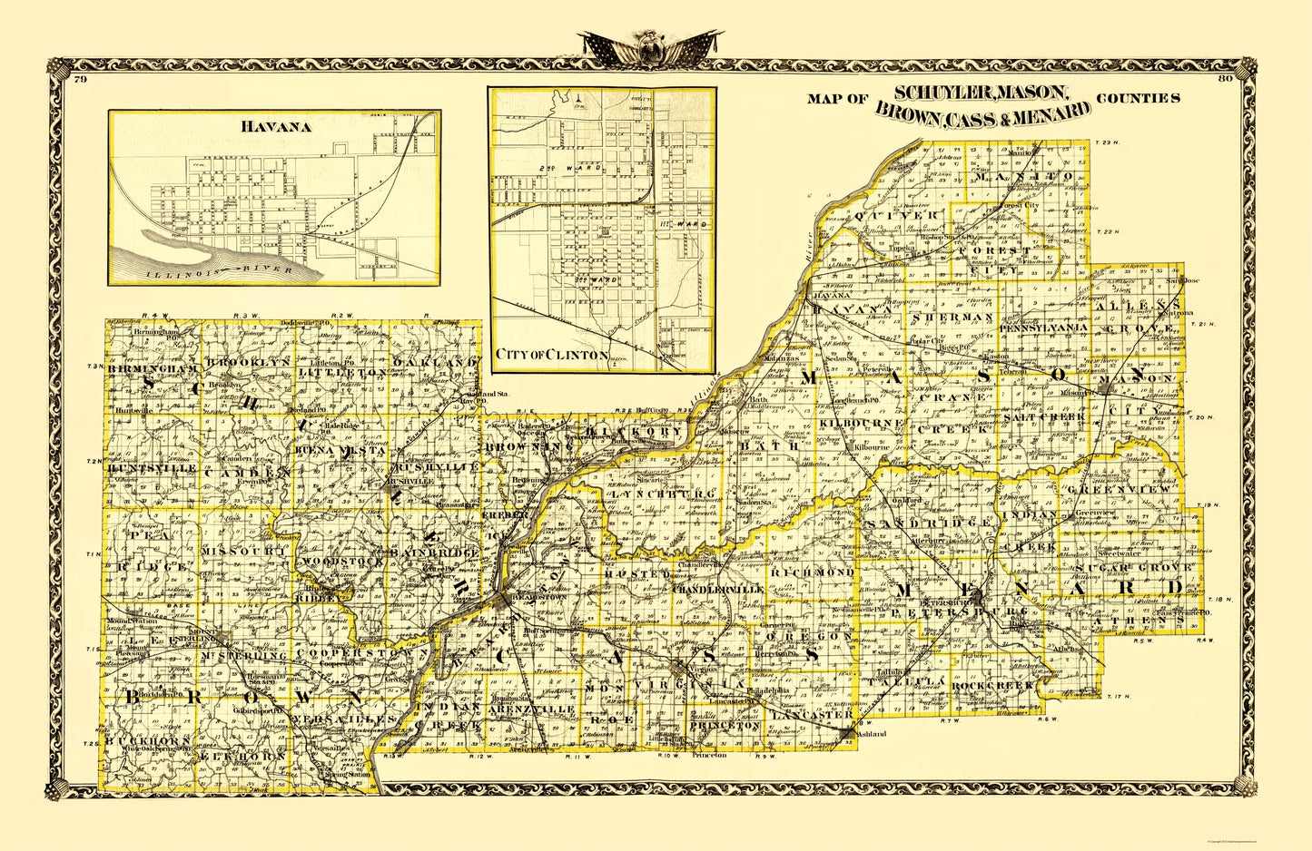 Historic County Map - Schuyler Mason Brown Cass Menard Counties Illinois  - Warner 1870 - 23 x 35 - Vintage Wall Art