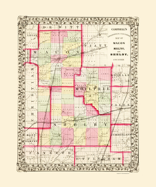 Historic County Map - Shelby Moultrie Macon Counties Illinois - Campbell 1870 - 23 x 27.48 - Vintage Wall Art