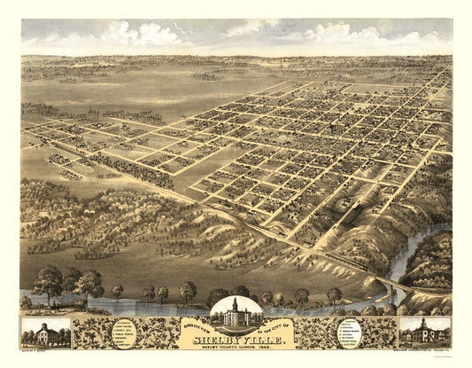 Historic Panoramic View - Shelbyville Illinois - Ruger 1869 - 23 x 29.53 - Vintage Wall Art