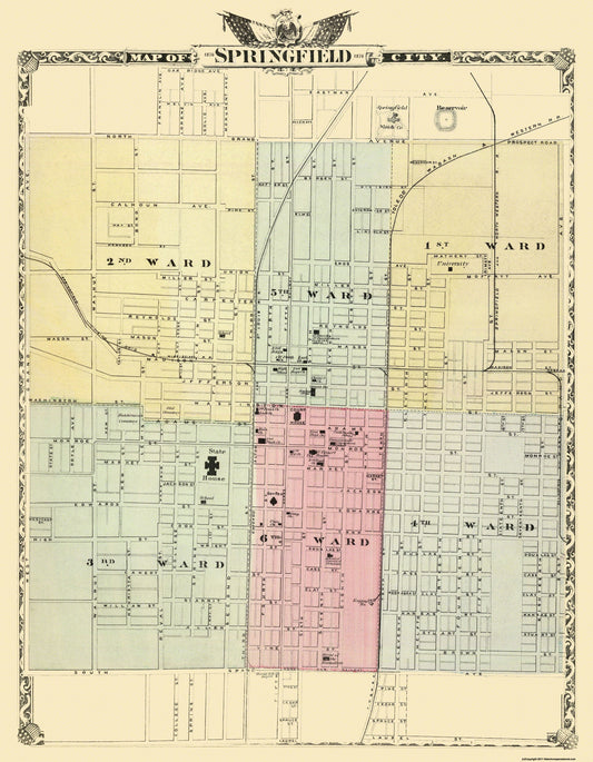 Historic City Map - Springfield Illinois - Warner 1876 - 23 x 29.56 - Vintage Wall Art