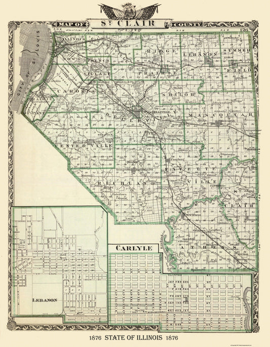 Historic County Map - St Clair County Illinois  - Warner 1876 - 23 x 29.56 - Vintage Wall Art