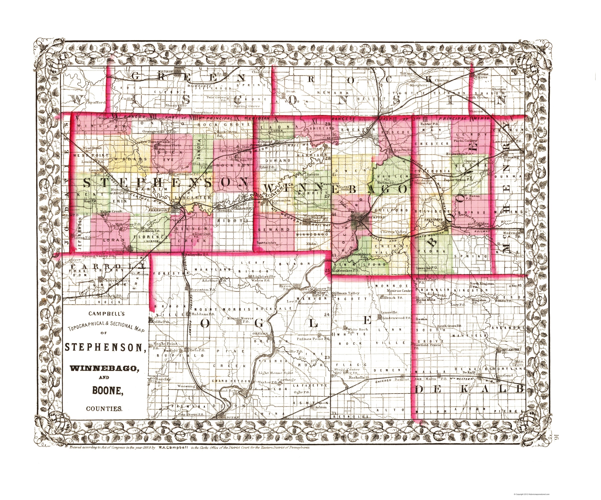 Historic County Map - Stephenson Winnebago Boone Counties Illinois - C ...