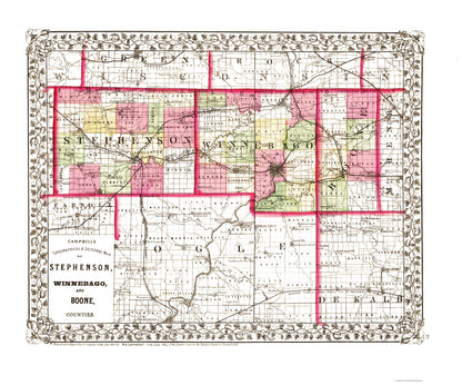 Historic County Map - Stephenson Winnebago Boone Counties Illinois - Campbell 1870 - 23 x 27.65 - Vintage Wall Art