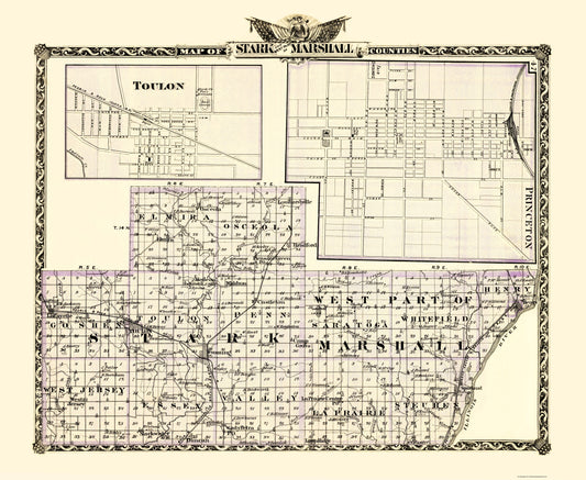 Historic County Map - Stark Marshall Counties Illinois  - Warner 1870 - 23 x 28.06 - Vintage Wall Art