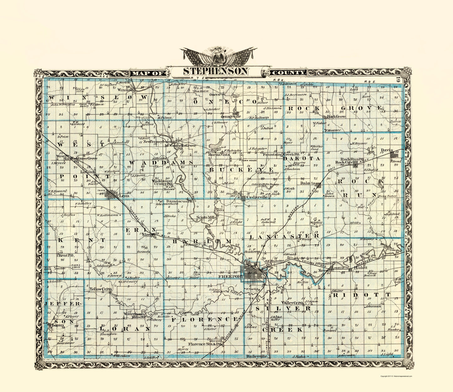 Historic County Map - Stephenson County Illinois  - Warner 1876 - 23 x 26.59 - Vintage Wall Art