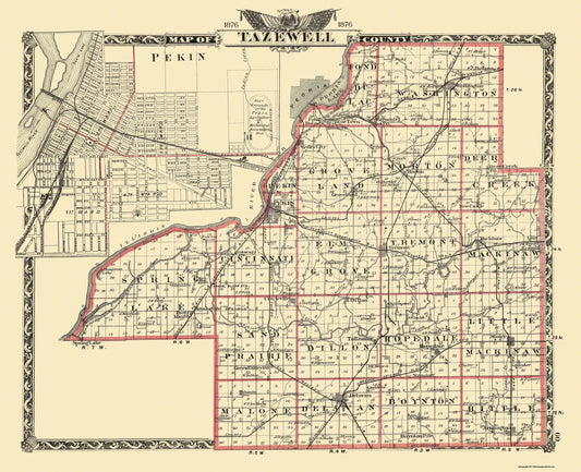 Historic County Map - Tazewell County Illinois  - Warner 1876 - 28.31 x 23 - Vintage Wall Art