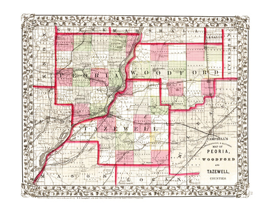 Historic County Map - Peoria Woodford Tazewell Counties Illinois - Campbell 1870 - 23 x 27.81 - Vintage Wall Art