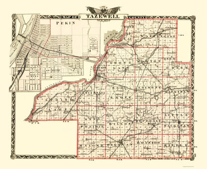 Historic County Map - Tazewell County Illinois  - Warner 1870 - 23 x 28.26 - Vintage Wall Art