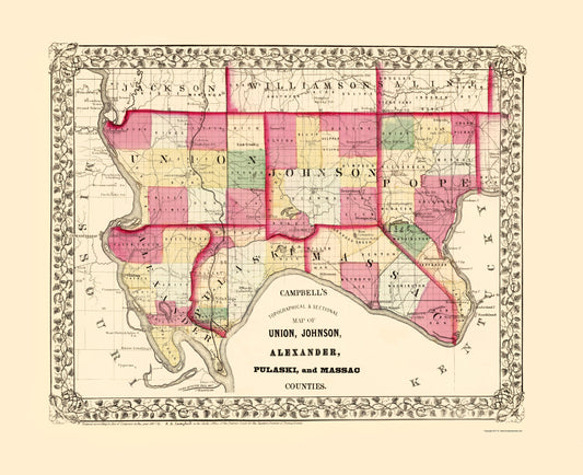 Historic County Map - Union Johnson Alexander Pulaski Massac Counties Illinois - Campbell 1870 - 23x28 - Vintage Wall Art