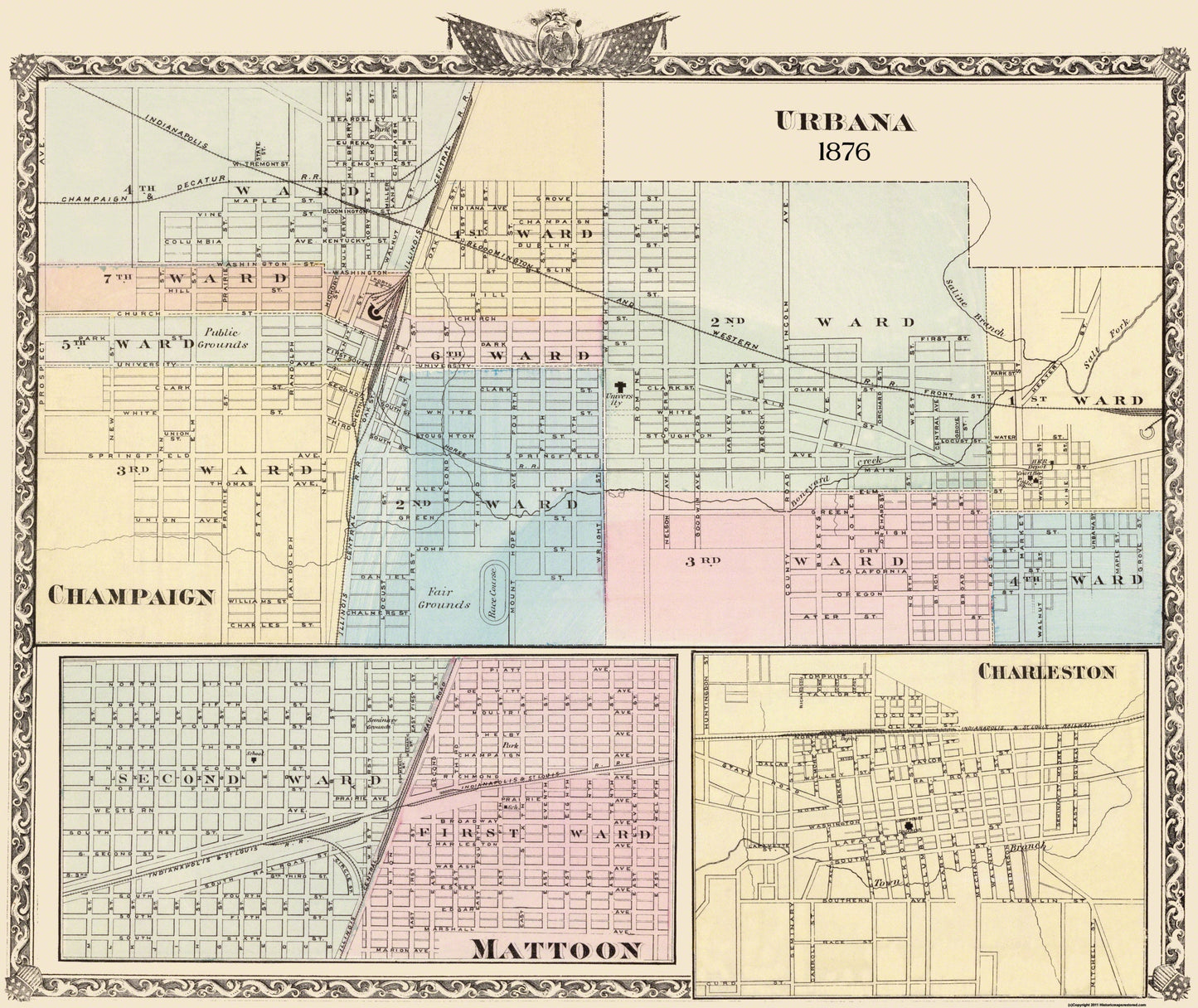 Historic City Map - Urbana Champaign Mattoon Charleston Illinois - Warner 1876 - 27.31 x 23 - Vintage Wall Art