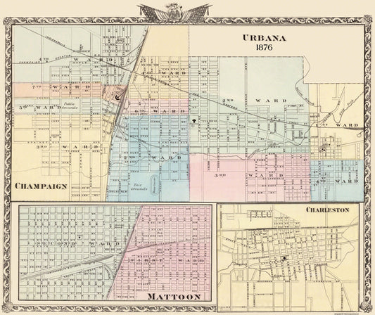 Historic City Map - Urbana Champaign Mattoon Charleston Illinois - Warner 1876 - 27.31 x 23 - Vintage Wall Art