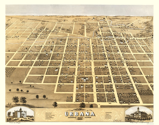 Historic Panoramic View - Urbana Illinois - Ruger 1869 - 23 x 29.13 - Vintage Wall Art