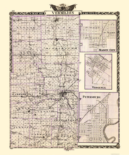 Historic County Map - Vermilion County Illinois  - Warner 1870 - 23 x 27.61 - Vintage Wall Art