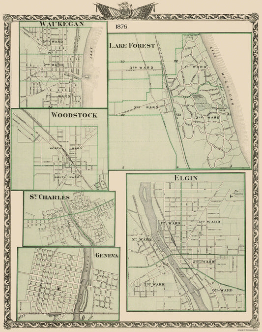 Historic City Map - Waukegan Lake Forest Elgin Woodstock Illinois - Warner 1876 - 23x29 - Vintage Wall Art