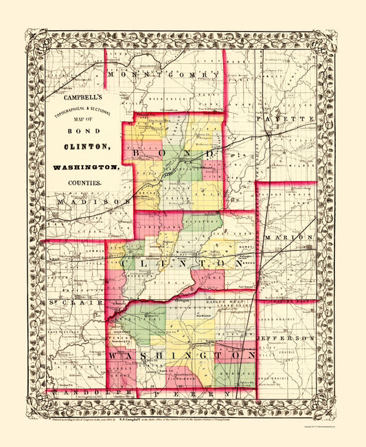 Historic County Map - Washington Bond Clinton Counties Illinois - Campbell 1870 - 23 x 28.04 - Vintage Wall Art