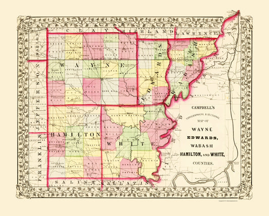 Historic County Map - Wayne Edwards Wabash Hamilto White Counties Illinois - Campbell 1870 - 23x28 - Vintage Wall Art