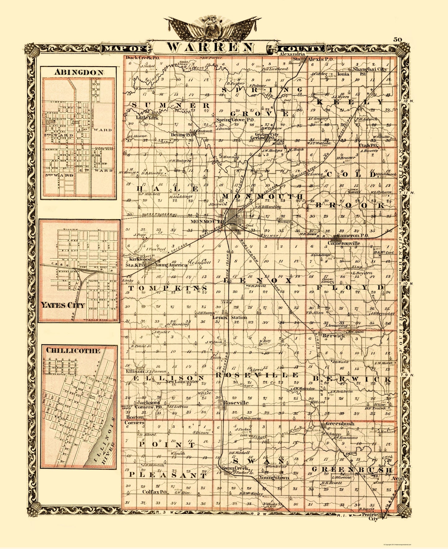 Historic County Map - Warren County Illinois  - Warner 1870 - 23 x 28.18 - Vintage Wall Art