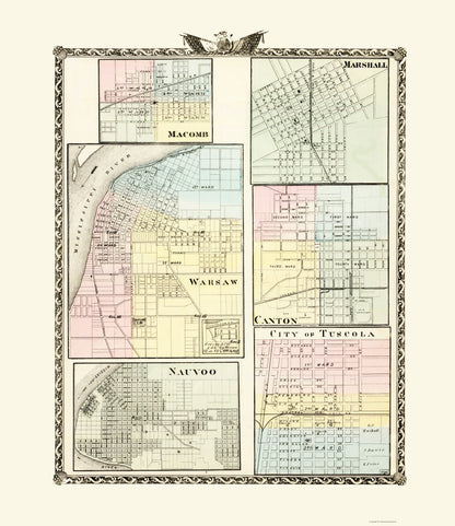 Historic City Map - Macomb Marshall Warsaw Canton Nauvoo Tuscola Illinois - Warner 23x26 - Vintage Wall Art