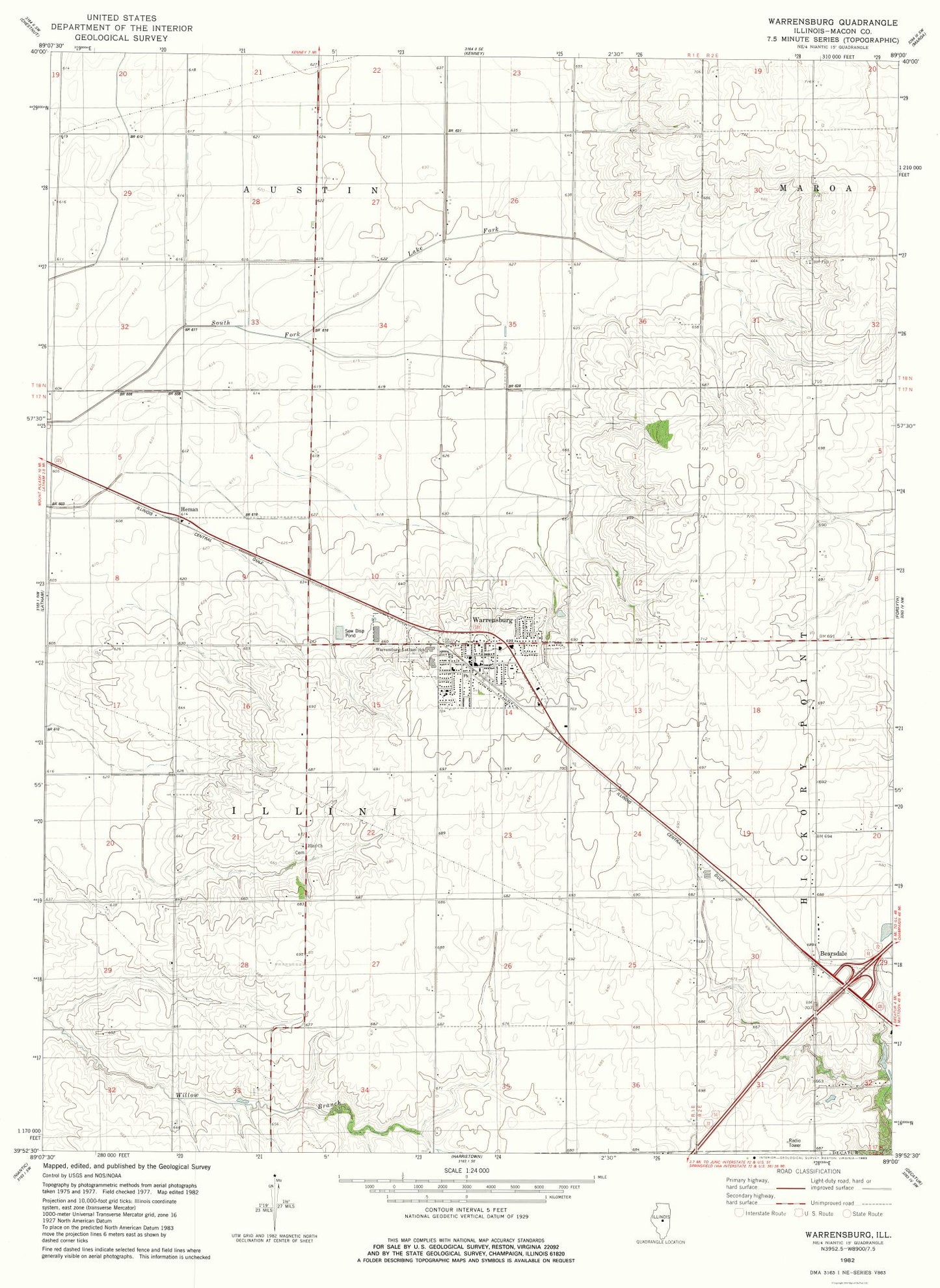 Topographical Map - Warrensburg Illinois Quad - USGS 1982 - 23 x 31.53 - Vintage Wall Art