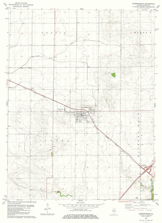 Topographical Map - Warrensburg Illinois Quad - USGS 1982 - 23 x 31.53 - Vintage Wall Art